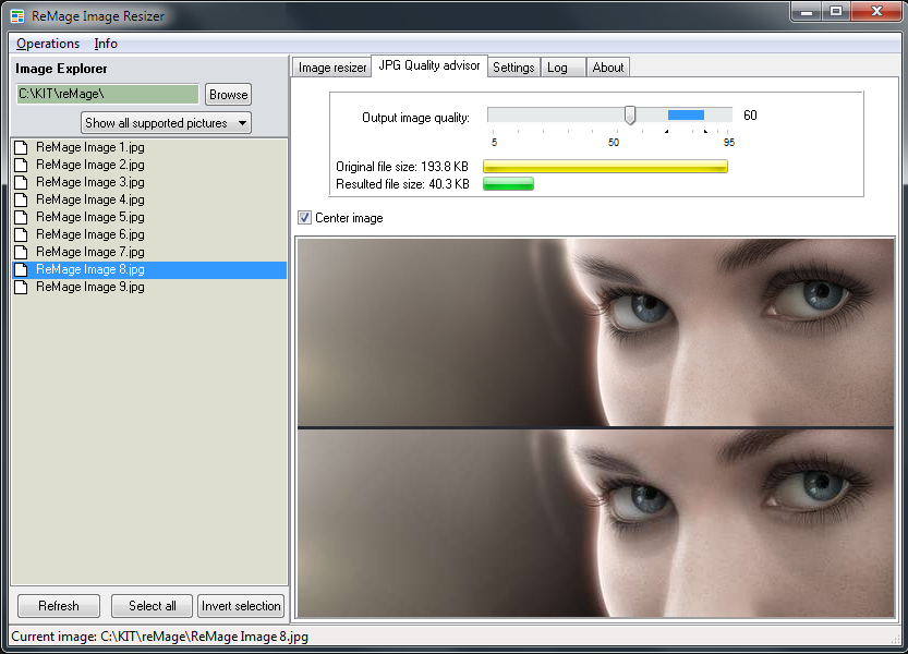 ReMage Image Resizer - JPG Quality advisor settings